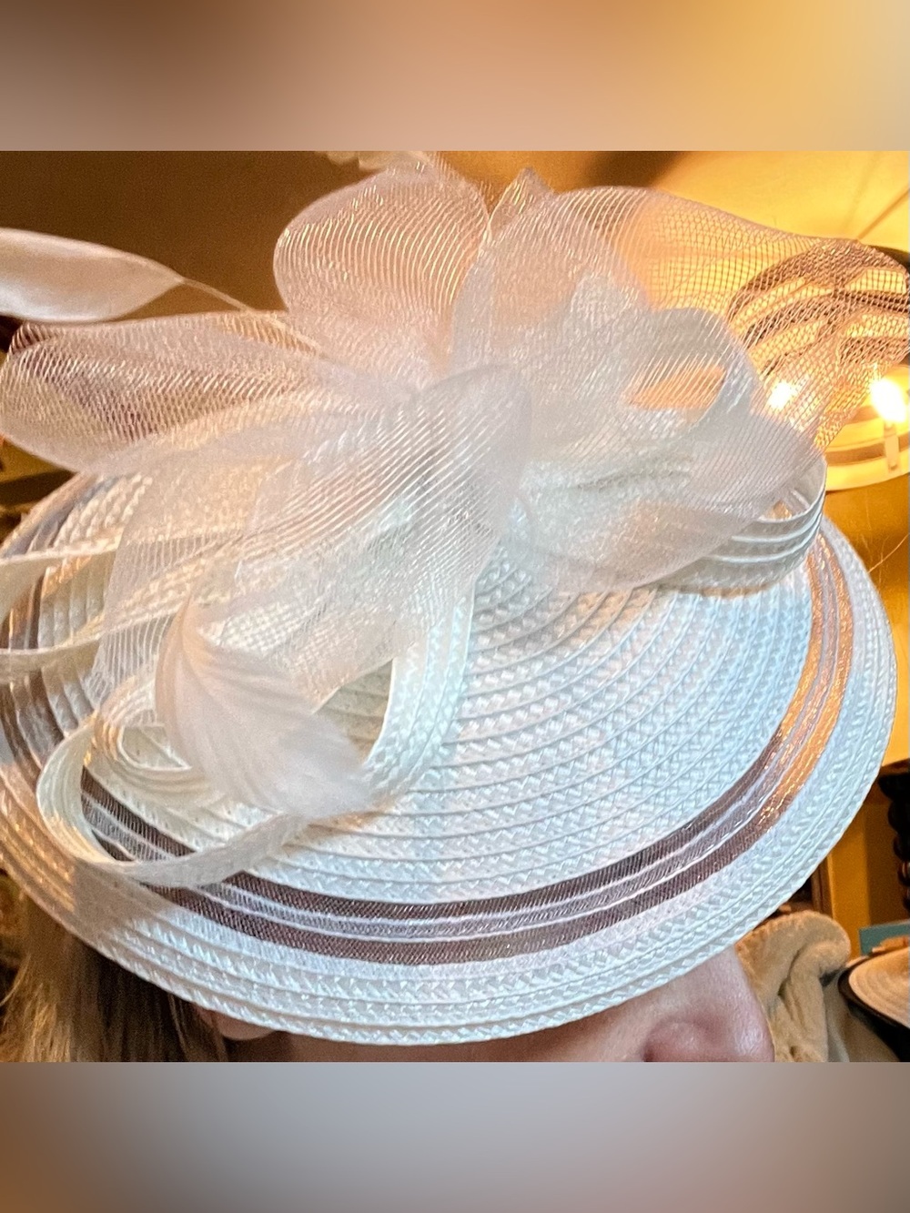Ladies White Fascinator Hat with Sheer Bow and feathers